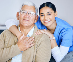 woman caregiver and portrait with retirement